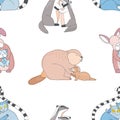 Cute animals hugs seamless. colorful hand drawn pattern.