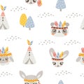 Cute animals in Indian armbands with feathers. Panda, deer, sheep. Crown of feathers on animals