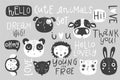 Cute animals isolated illustration and lettering for children