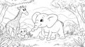 Cute Animals Line Art Giraffe and Elephants in a Jungle Coloring Page Royalty Free Stock Photo