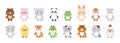 Cute animals. Kawaii characters. Funny bear and dog with happy faces. Tiger or baby cat. Sweet panda. Isolated frog and