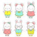 Cute animals. Kawaii rabbit, mouse and cat. Vector clip art for stickers, icons Royalty Free Stock Photo