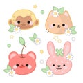 Cute animals in kawaii style. Cherry-bear. Bunny-strawberry. Peach-cat. Banana-monkey. Flowers, leaves, dots, stars.