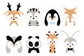 Cute animals. Kids characters, portraits of deer panda giraffe tiger on white background. Print or textile template, web Royalty Free Stock Photo