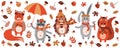 Cute animals in knitted hats and scarves in autumn. Fox, raccoon, hedgehog, hare and squirrel among autumn leaves, mushrooms,