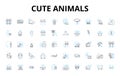 Cute animals linear icons set. Adorable, Fluffy, Fuzzy, Cuddly, Playful, Sweet, Tiny vector symbols and line concept