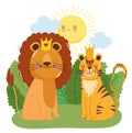 Cute animals lion with crown and tiger grass vegetation nature wild cartoon