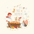 Cute Animals with Little Angel baking Magic Christmas Pie