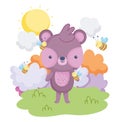 Cute animals, little bear flying bee clouds grass card