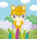 Cute animals, little cat with glasses and mouse grass leaves clouds Royalty Free Stock Photo