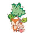 Cute animals, little fox and beaver with tree apple cartoon Royalty Free Stock Photo