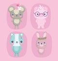 Cute animals, little mouses pig with glasses cat and rabbit with flowers cartoon