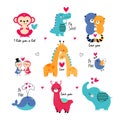 Cute Animals in Love Celebrating Valentine Day Vector Set