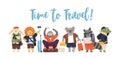 Cute animals with luggage or baggage traveling at holiday time. Amusing and funny mammal tourists or travelers wearing