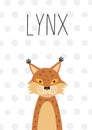 Cute animals lynx. Illustrations bobcat for children. Baby Shower card. Cartoon character