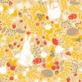 Cute animals on magic forest seamless pattern. Rabbit and hedgehog vector Royalty Free Stock Photo