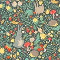 Cute animals on magic forest seamless pattern. Rabbit and hedgehog vector Royalty Free Stock Photo