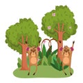 Cute animals moneky trees flowers grass forest nature wild cartoon