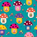 Cute animals in mushroom houses kids pattern Royalty Free Stock Photo