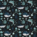 Cute animals of the ocean, marine mammals, dolphin and whale, seamless pattern, cartoon vector illustration Royalty Free Stock Photo