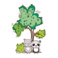 Cute animals, panda and cat tree bush cartoon