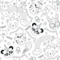 Cute animals pattern on a white background. Drawing for kids clothes, t-shirts, fabrics or packaging. Black and white abstract Royalty Free Stock Photo