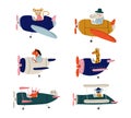 Cute animals pilots flying on airplanes set. Monkey, hippo, horse, giraffe, bunny, koala, piloting retro plane cartoon Royalty Free Stock Photo