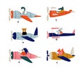 Cute animals pilots flying on airplanes set. Snake, crocodile, bear, mouse, hedgehog, squirrel piloting retro plane