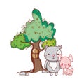 Cute animals, pink rabbit with cat tree nature cartoon