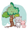 Cute animals, pink rabbit with tree nature cartoon