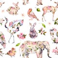 Cute animals in pink spring flowers. Floral seamless pattern. Feminine, girly watercolor Royalty Free Stock Photo