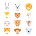 Cute animals portraits set for children card. Tiger, panda, bunny, fox and other.