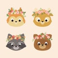 Cute animals portraits: a squirrel, deer, raccoon, bear. Cute characters design