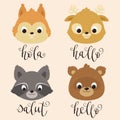 Cute animals portraits: a squirrel, deer, raccoon, bear. Cute characters design