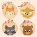 Cute animals portraits: a squirrel, deer, raccoon, bear. Cute characters design