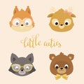 Cute animals portraits: a squirrel, deer, raccoon, bear. Cute characters design