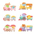 Cute animals riding train set. Little bunny, dog, bear, lion, crocodile, tiger on toy locomotive cartoon vector