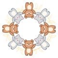 Cute animals round dance. Kawaii pets cat and bear. Decorative element. Vector isolated on white background