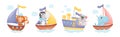 Cute Animals in Sailor Hats Boating and Sailing Vector Set