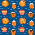 Cute animals in sailor hats seamless pattern