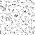 Cute Animals Seamless Pattern, Cartoon Hand Drawn Animal Doodles Vector Illustration