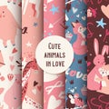 Cute animals seamless pattern with kissing characters fox, rabbit, giraffe and birds illustration.