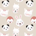 Cute animals seamless pattern, kitten muzzle, lama, hedgehog, panda, bear. Cartoon doodle vector illustration