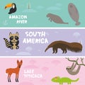 Cute animals set anteater manatee sea cow sloth toucan chameleon raccoon Maned wolf, kids background, South America animals Lake T