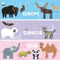 Cute animals set bison panda goat polar bear Camel turtle bat deer wolf elephant, kids background Europe Asia Eurasia animals, bri