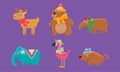 Cute Animals Set, Capybara, Bear, Elephant, Flamingo, Wild Boar Vector Illustration