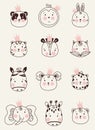 Cute animals. set of decorative portraits of animals in crowns - rabbit and panda, penguin and tiger, zebra and koala Royalty Free Stock Photo