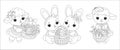 Cute animals set. Easter bunny and sheep with a basket. Hand drawn black and white outline drawing for coloring book Royalty Free Stock Photo