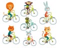 Cute cartoon animals lion, tiger, rabbit, frog, monkey, mouse ride a bicycle