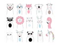 Cute animals set in hand drawn style. Bear, koala, fox, sloth, cow, lion, cat, rabbit, flamingo, owl, deer, panda, raccoon, llama